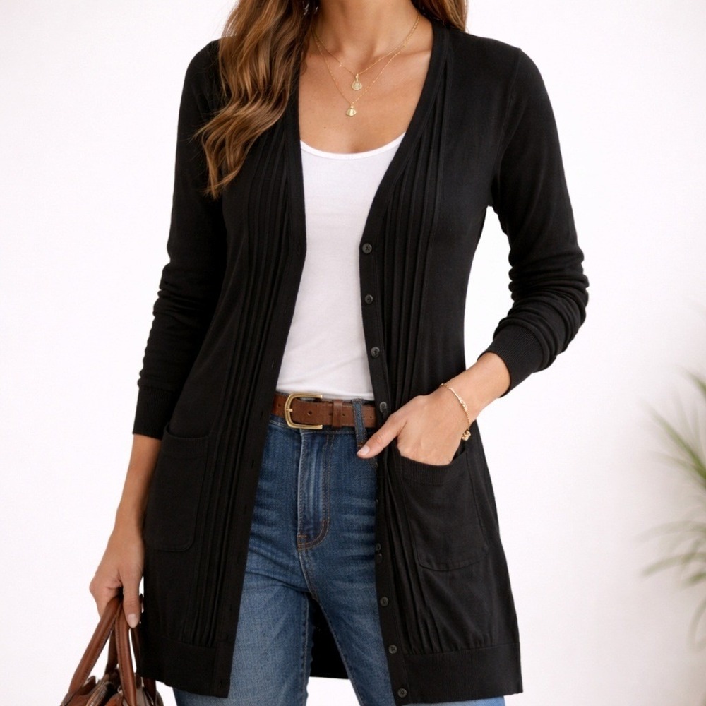 BURBERRY LONDON Black Pleated‎ Long Sleeve Button Front Cardigan Dress Womens